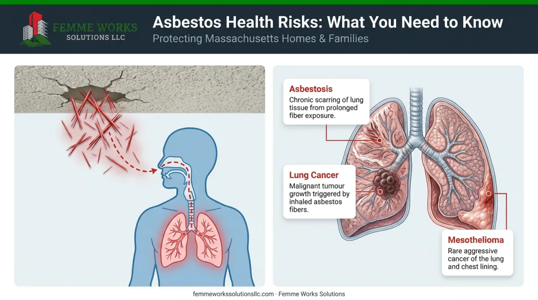 Medical infographic showing asbestos fibers entering lungs and causing chronic diseases