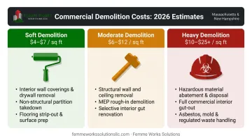 Comparison chart of commercial interior demolition cost tiers per square foot