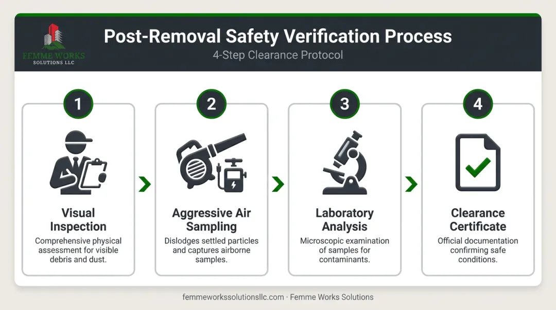 Four-step asbestos air clearance testing process from inspection to certification