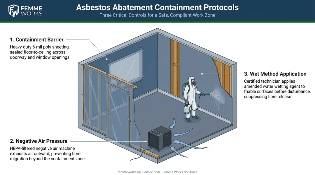 Asbestos abatement containment zone with negative air pressure and wet methods illustrated