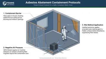 Asbestos abatement containment zone with negative air pressure and wet methods illustrated