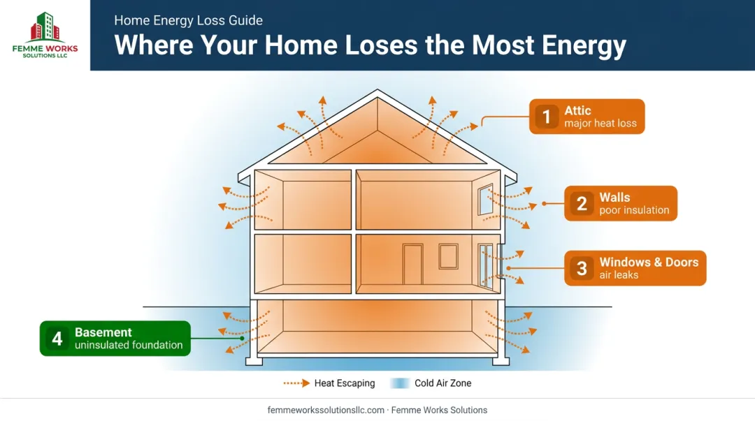 Diagram showing common areas of home energy loss targeted by Mass Save