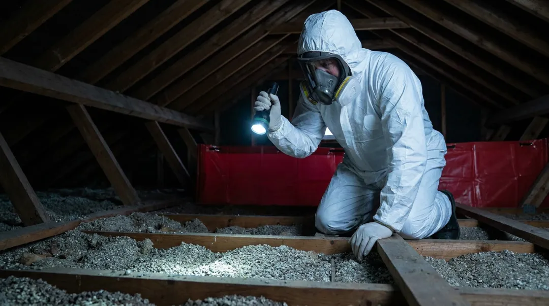 Professional in protective gear inspecting old attic insulation for hazardous materials