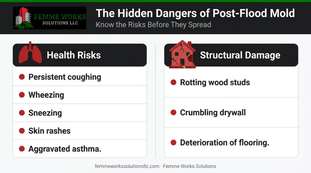 Infographic illustrating the dangers of post-flood mold to health and property