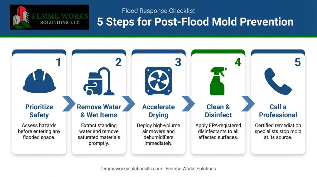 5-step process infographic for preventing mold growth after a flood