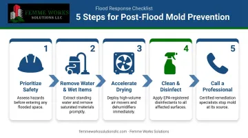5-step process infographic for preventing mold growth after a flood