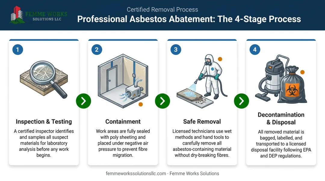 4-step professional asbestos abatement process from testing to safe disposal