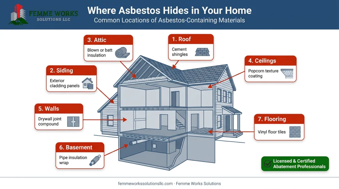 Infographic illustrating common household locations of asbestos in older homes