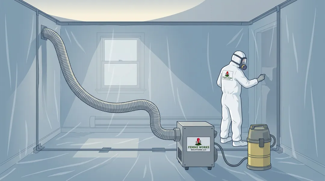 Professional asbestos abatement setup showing full room containment and air scrubber equipment