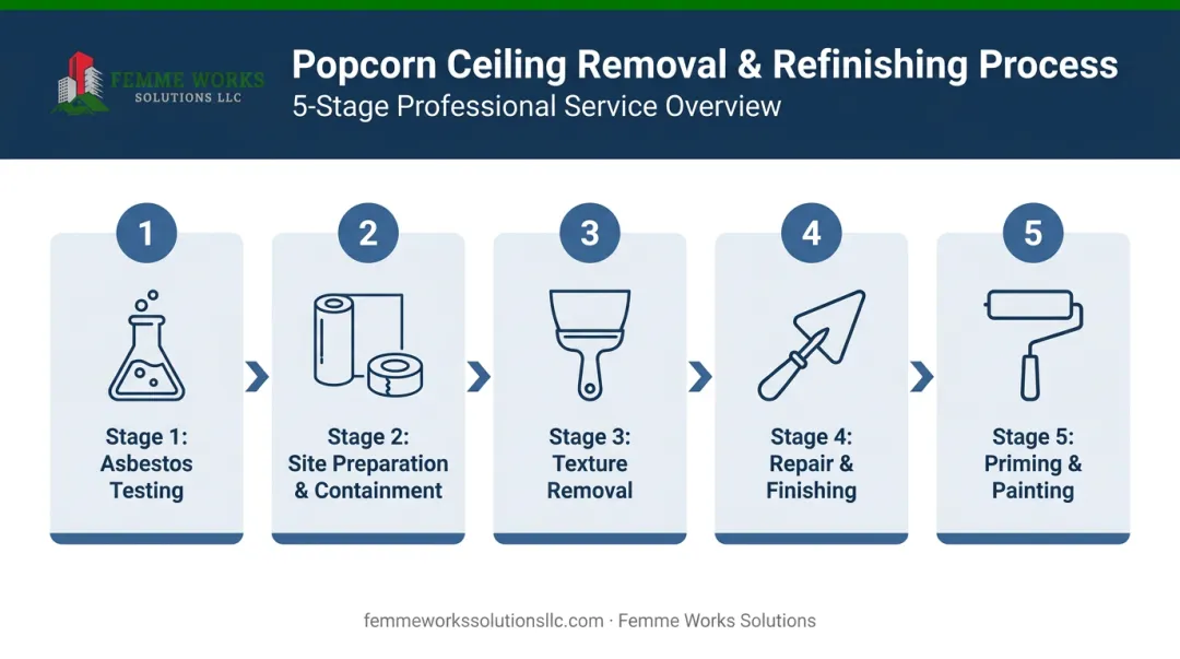 5-step popcorn ceiling removal and refinishing process flow infographic