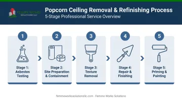 5-step popcorn ceiling removal and refinishing process flow infographic