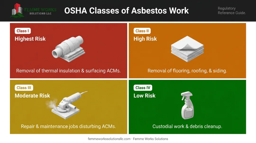 Infographic illustrating the four OSHA classes of asbestos work by risk level