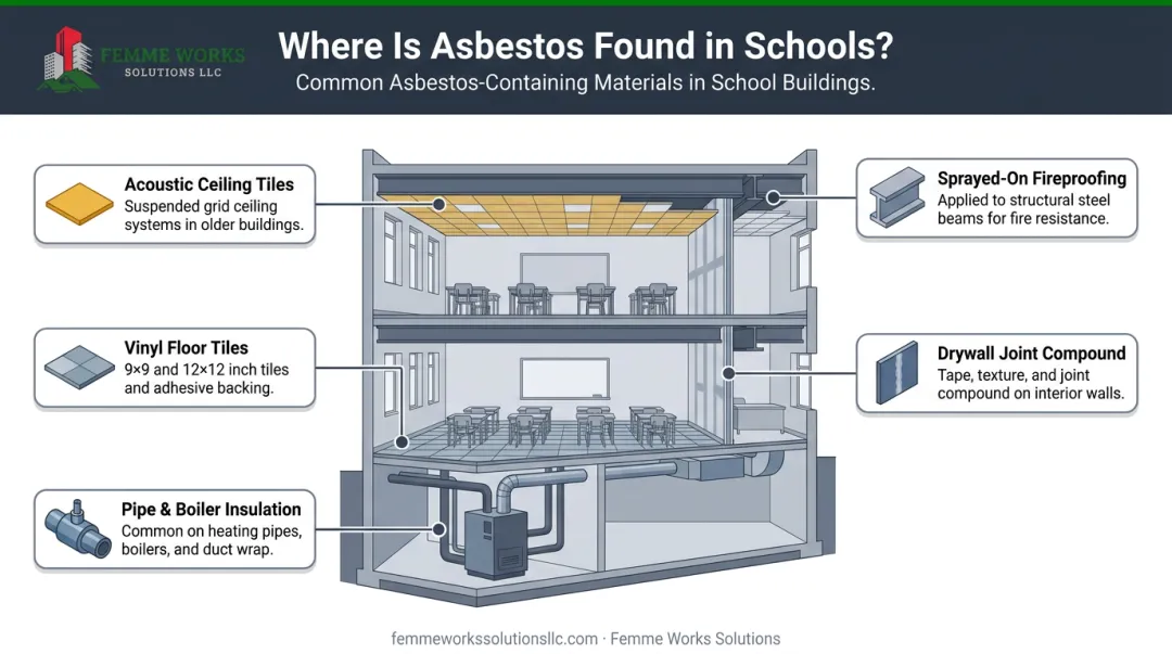 Infographic illustrating common asbestos locations in a school building cross-section