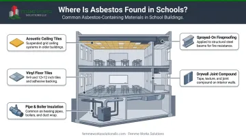 Infographic illustrating common asbestos locations in a school building cross-section