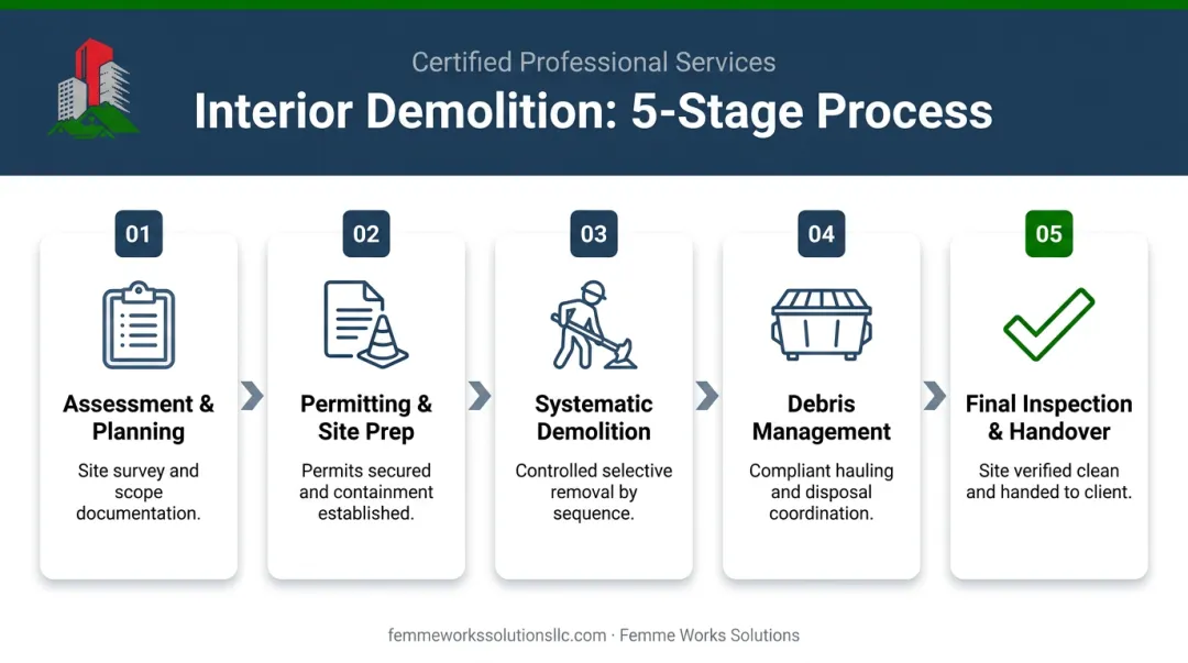 5-step professional interior demolition process flow from assessment to handover