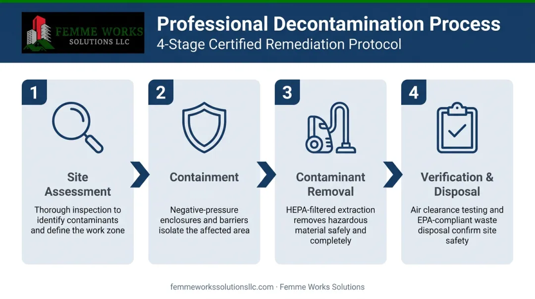 Flowchart of the 4-stage environmental decontamination process from assessment to verification