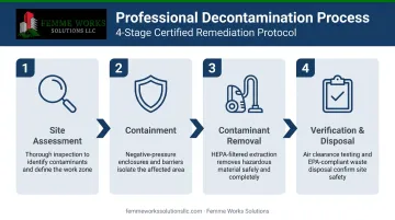 Flowchart of the 4-stage environmental decontamination process from assessment to verification