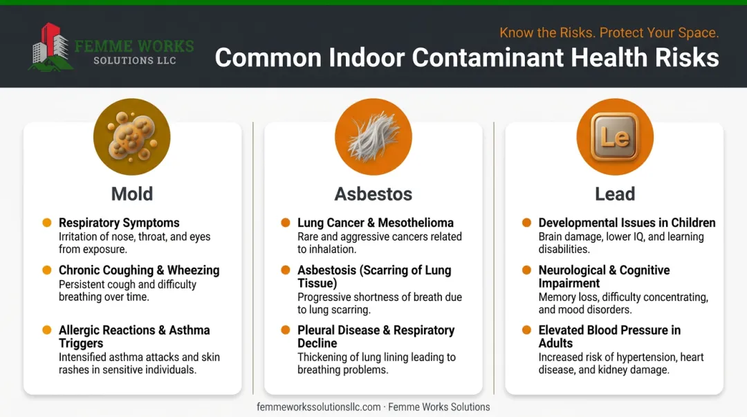 Infographic comparing the health risks of mold asbestos and lead exposure