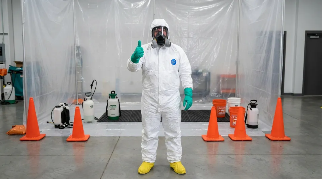 Decontamination specialist wearing full personal protective equipment including respirator and coveralls