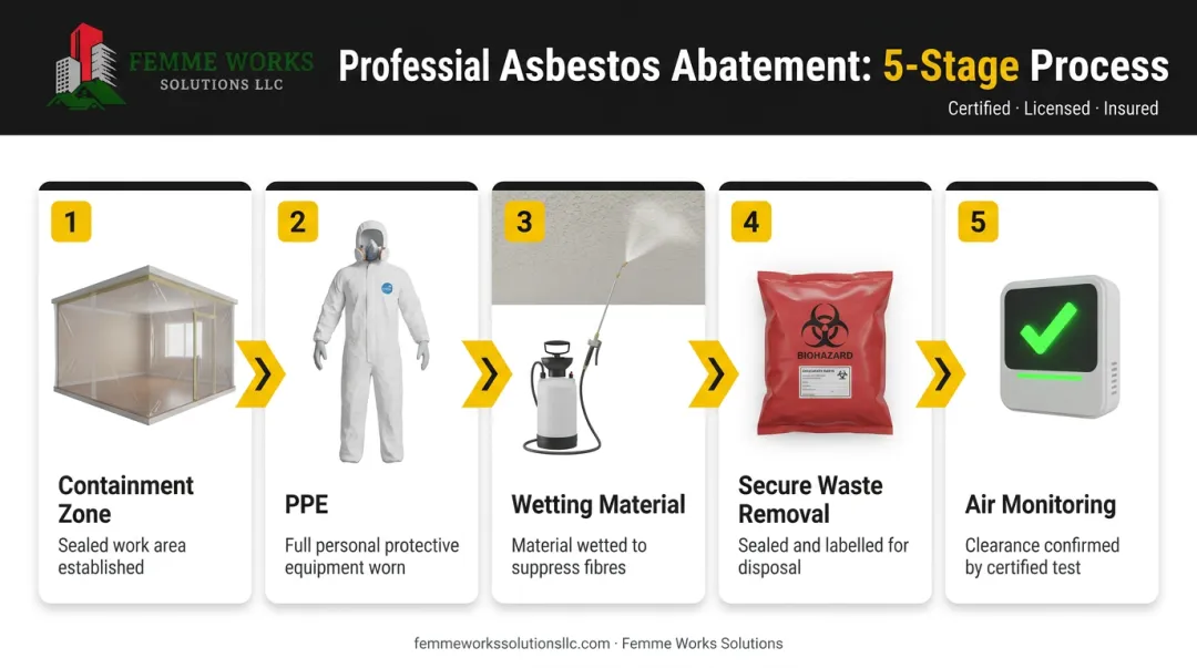 5-step professional asbestos abatement process for popcorn ceilings infographic