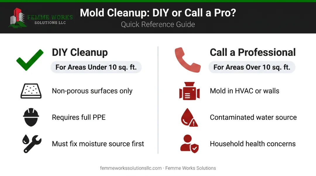 Mold cleanup versus professional remediation decision chart infographic