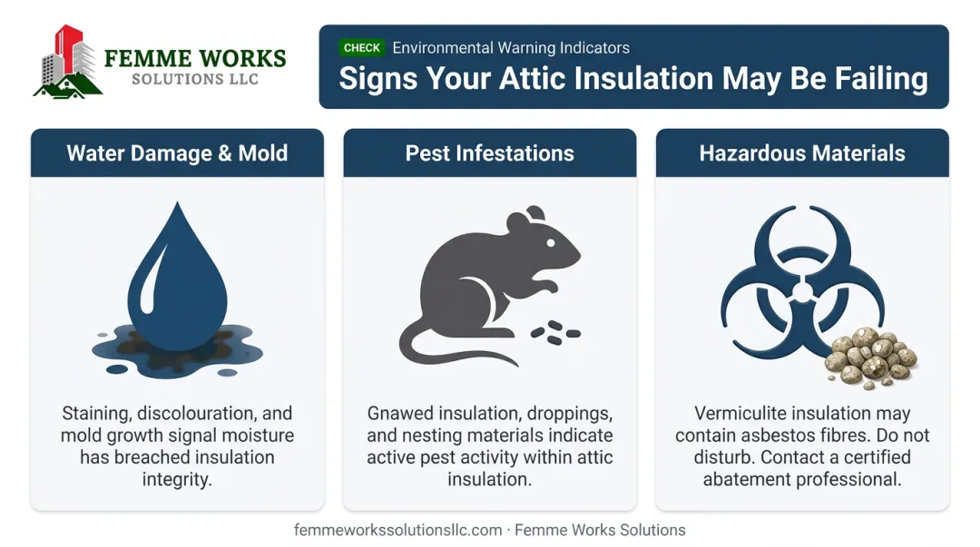 Three common signs of attic insulation failure: water damage, pests, and hazardous materials