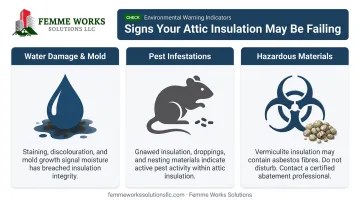 Three common signs of attic insulation failure: water damage, pests, and hazardous materials