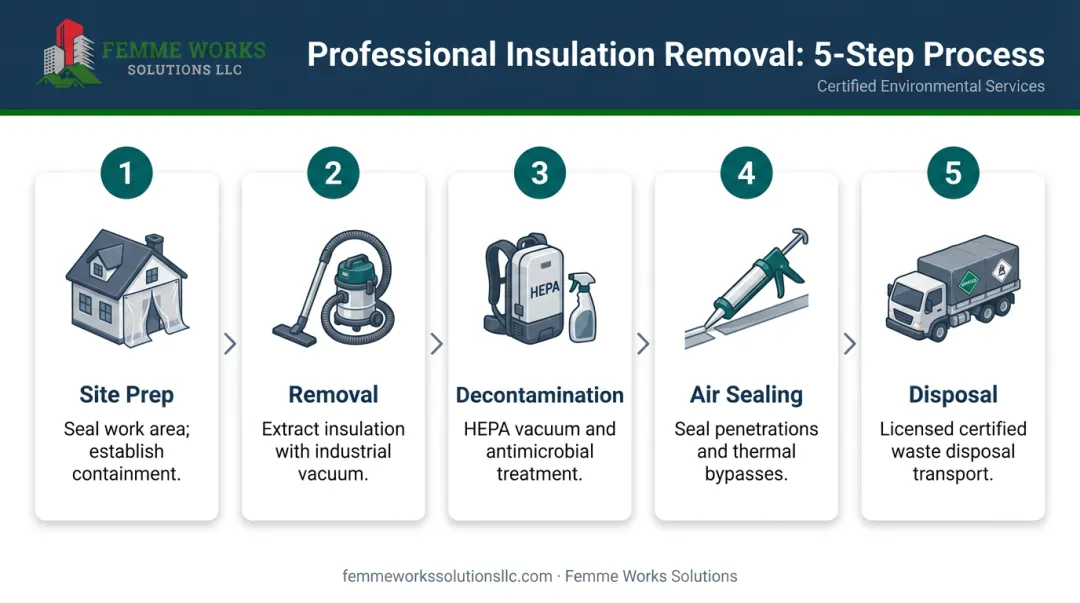 5-step professional attic insulation removal process from site preparation to final disposal