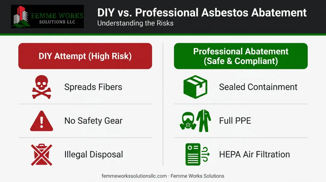 Comparison infographic of asbestos removal versus professional abatement risks and safety measures