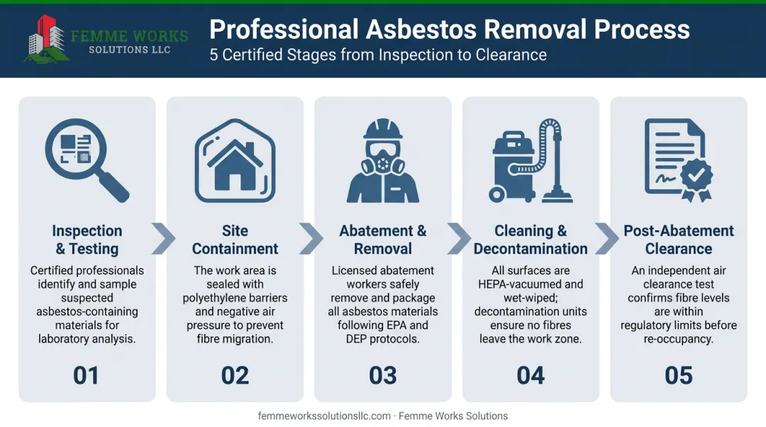5-step professional asbestos abatement process from inspection to final air clearance testing