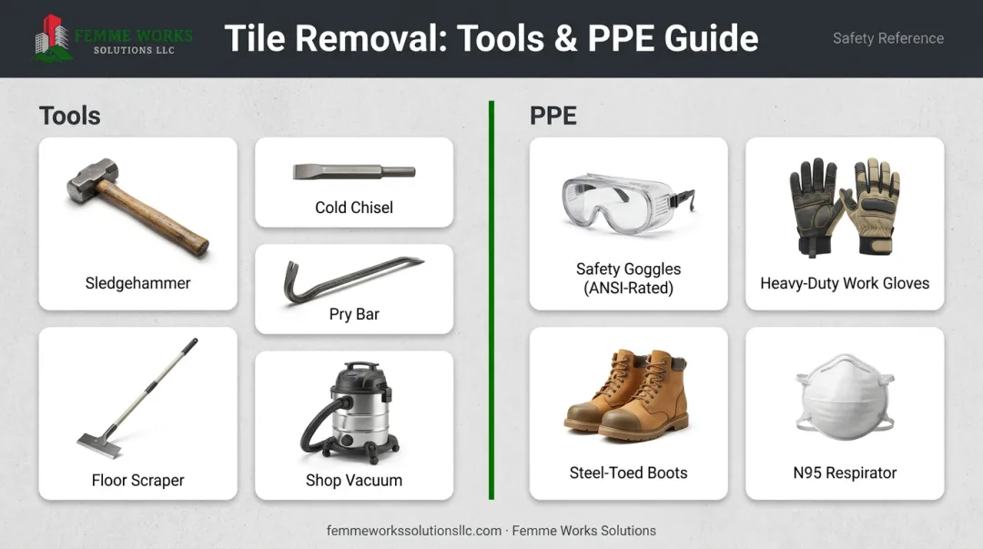 Essential tools and personal protective equipment for tile removal