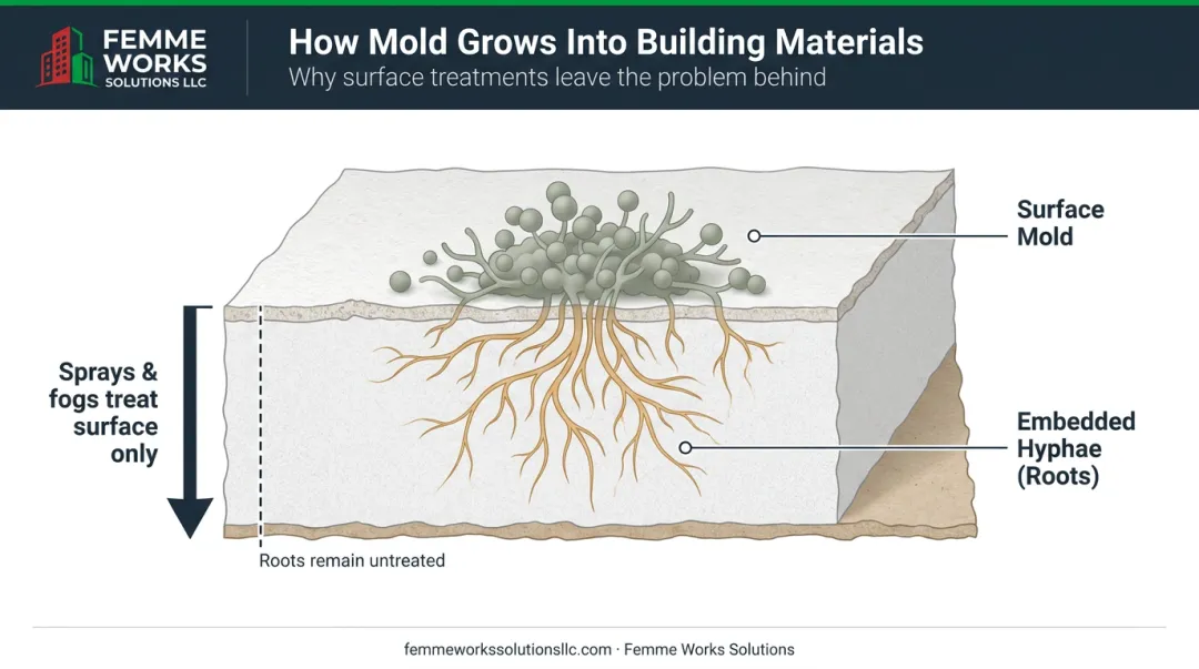 Diagram showing mold hyphae roots growing deep into drywall material