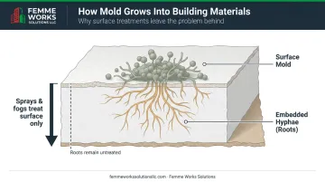 Diagram showing mold hyphae roots growing deep into drywall material