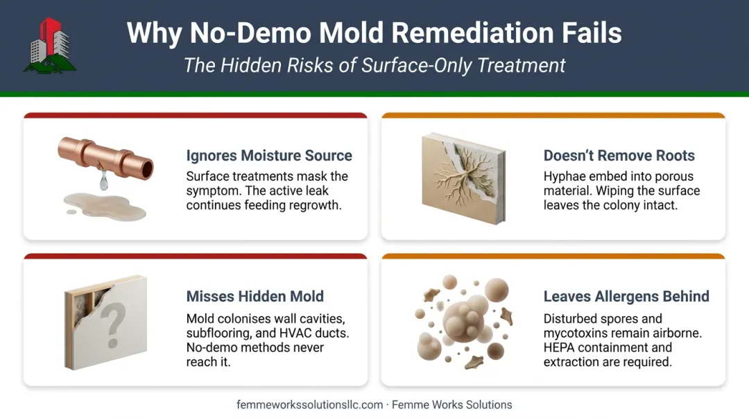 Four key failures of demolition-free mold remediation methods infographic