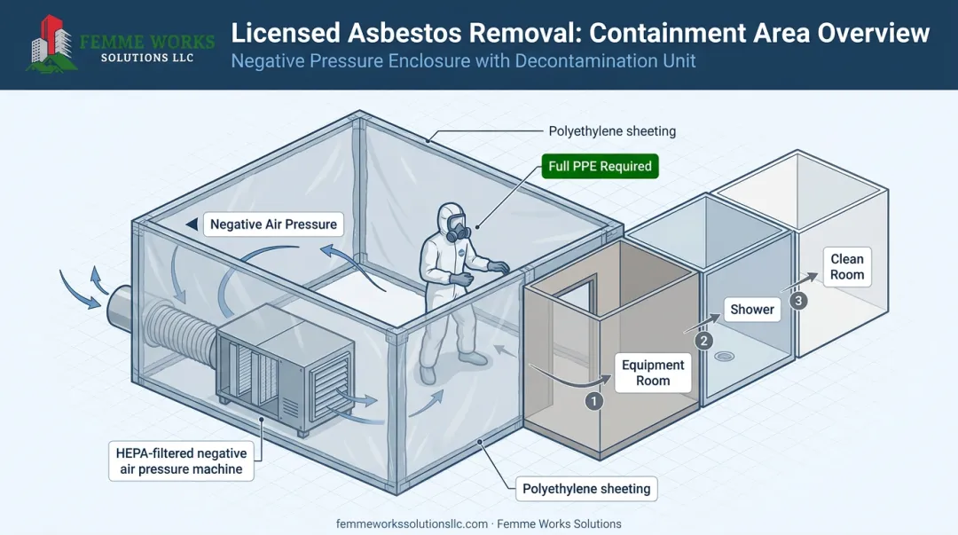 Diagram of licensed asbestos removal containment zone with safety features illustrated