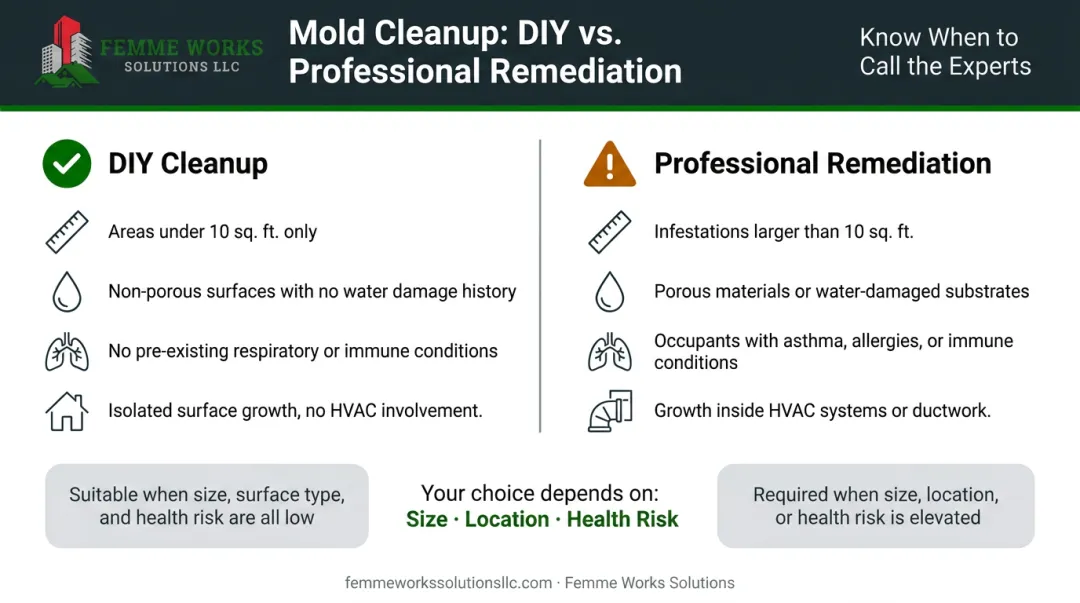 Comparison chart of mold cleanup options versus hiring a professional remediator
