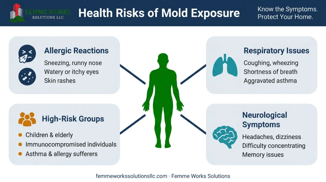 Infographic detailing the common health risks and symptoms of mold exposure