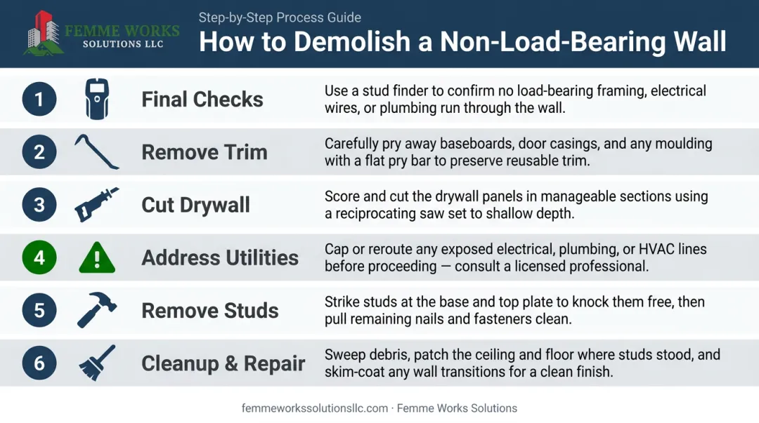 6-step process for safely demolishing a non-load-bearing interior wall