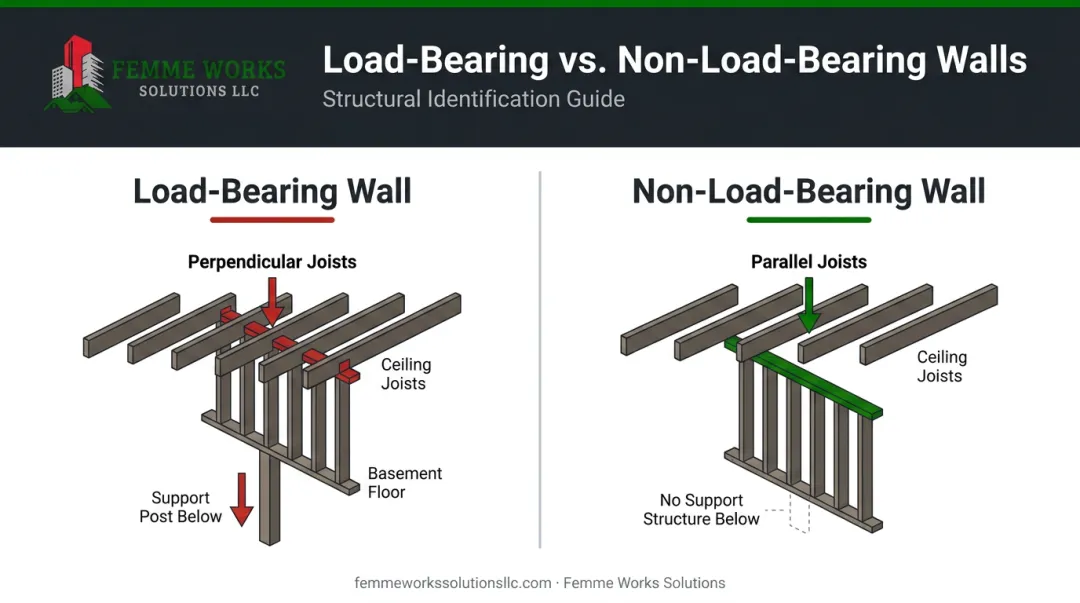 Diagram comparing load-bearing vs non-load-bearing wall structures with joists
