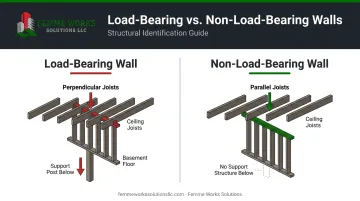Diagram comparing load-bearing vs non-load-bearing wall structures with joists