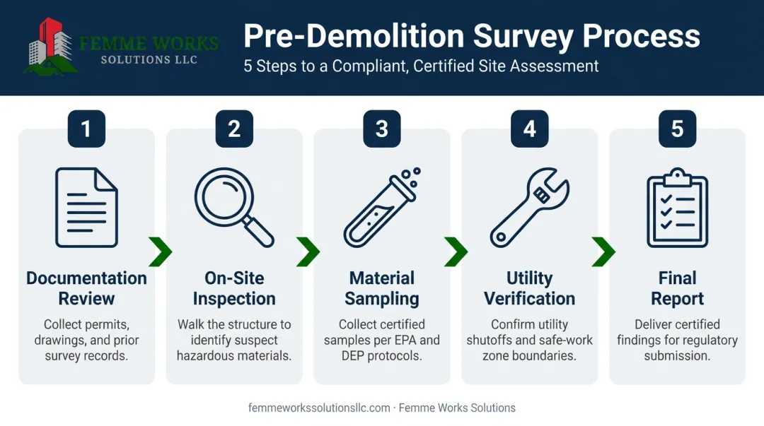 5-step pre-demolition survey process from planning to final report infographic