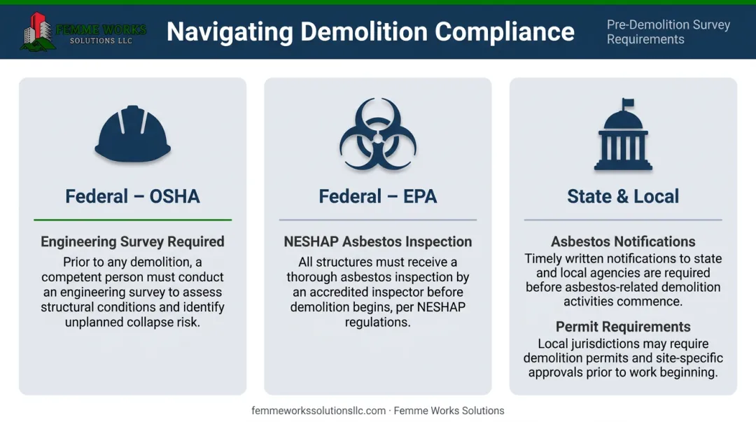 Key legal and regulatory compliance pillars for pre-demolition surveys infographic