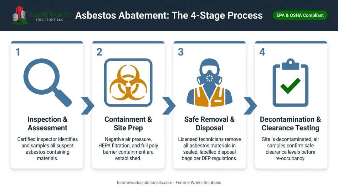 Four-stage professional asbestos abatement process from assessment to clearance testing