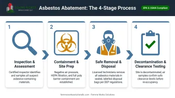 Four-stage professional asbestos abatement process from assessment to clearance testing