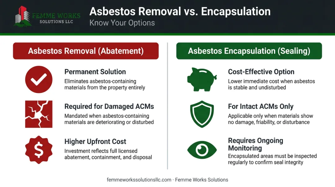 Asbestos removal versus encapsulation side-by-side comparison infographic for homeowners
