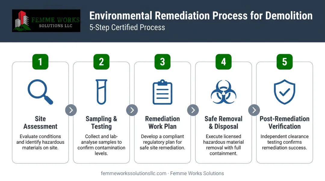 5-step environmental remediation process flow from assessment to final verification