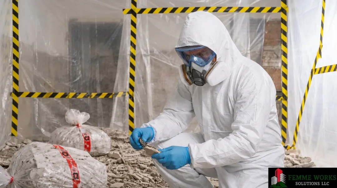 Certified remediation professional in full PPE removing hazardous materials from building interior