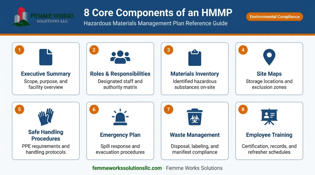 Eight essential components of a hazardous material management plan checklist infographic
