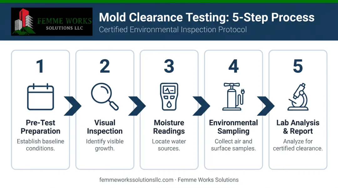 5-step mold clearance testing process from preparation to final lab report