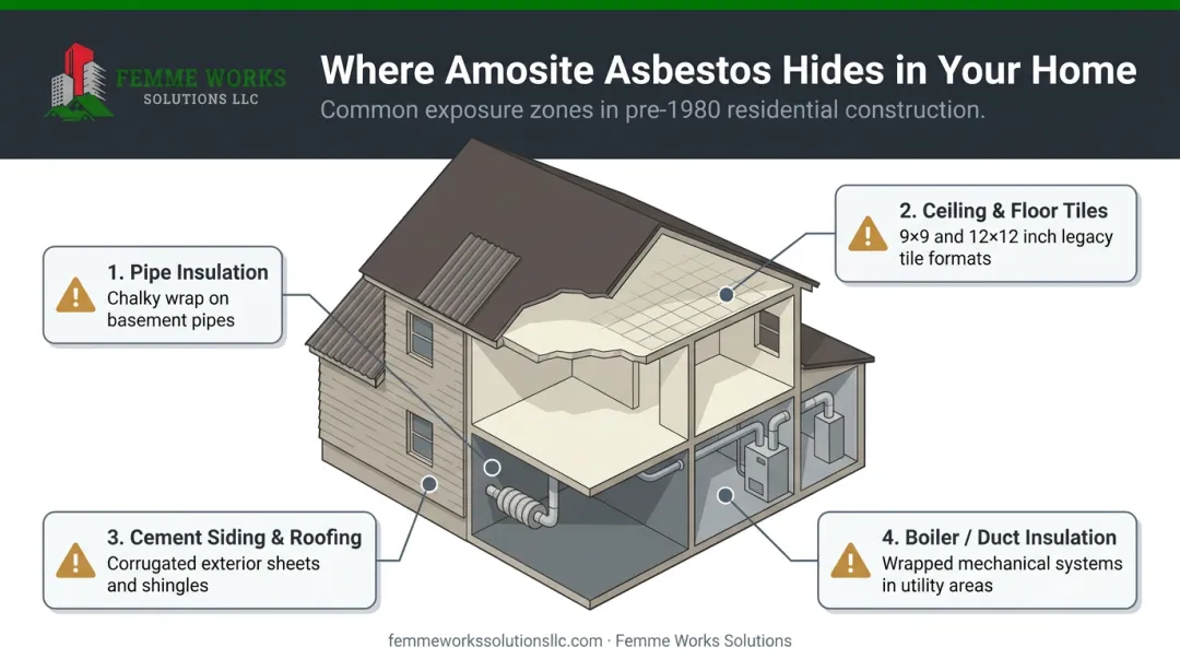 Visual guide showing common locations of amosite asbestos in older homes